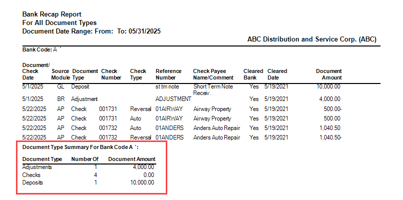 Cleared items reconciliation example