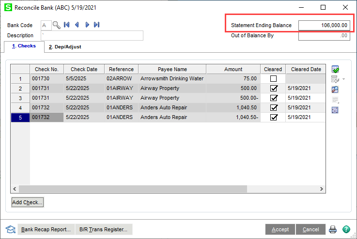 Reconcile Bank ending balance example
