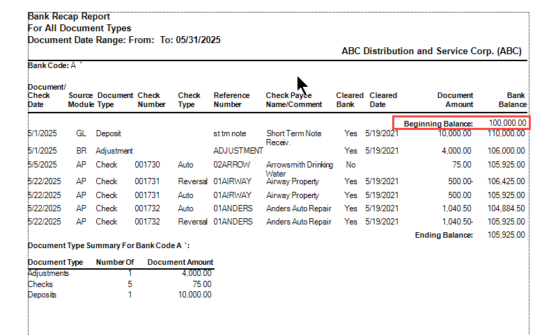 Bank Recap Report example